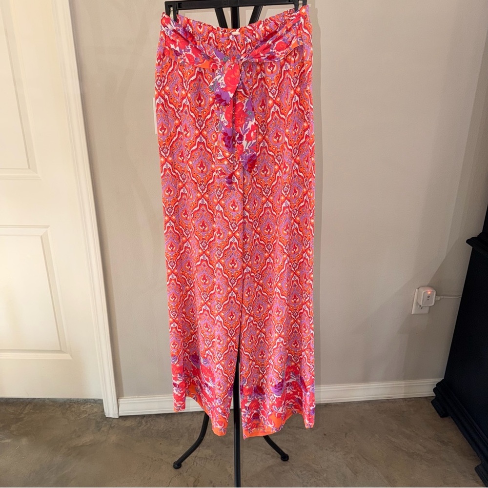 Tyche Boho Palazzo Pants Pink Orange Wide Leg Resort Pants Tie Waist Size Large